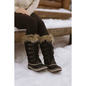 SOREL Joan of Arctic Snow Boots 6 Black Suede Leather Mid Calf Faux Fur